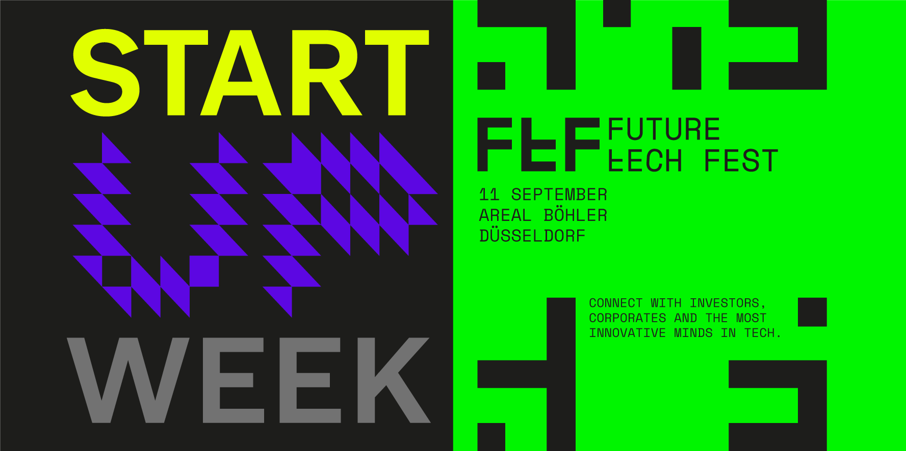 Startup Week Düsseldorf 2025 Ankündigung: Future Tech Fest am 11. September im Areal Böhler mit grün-schwarzem Design und geometrischen Mustern.